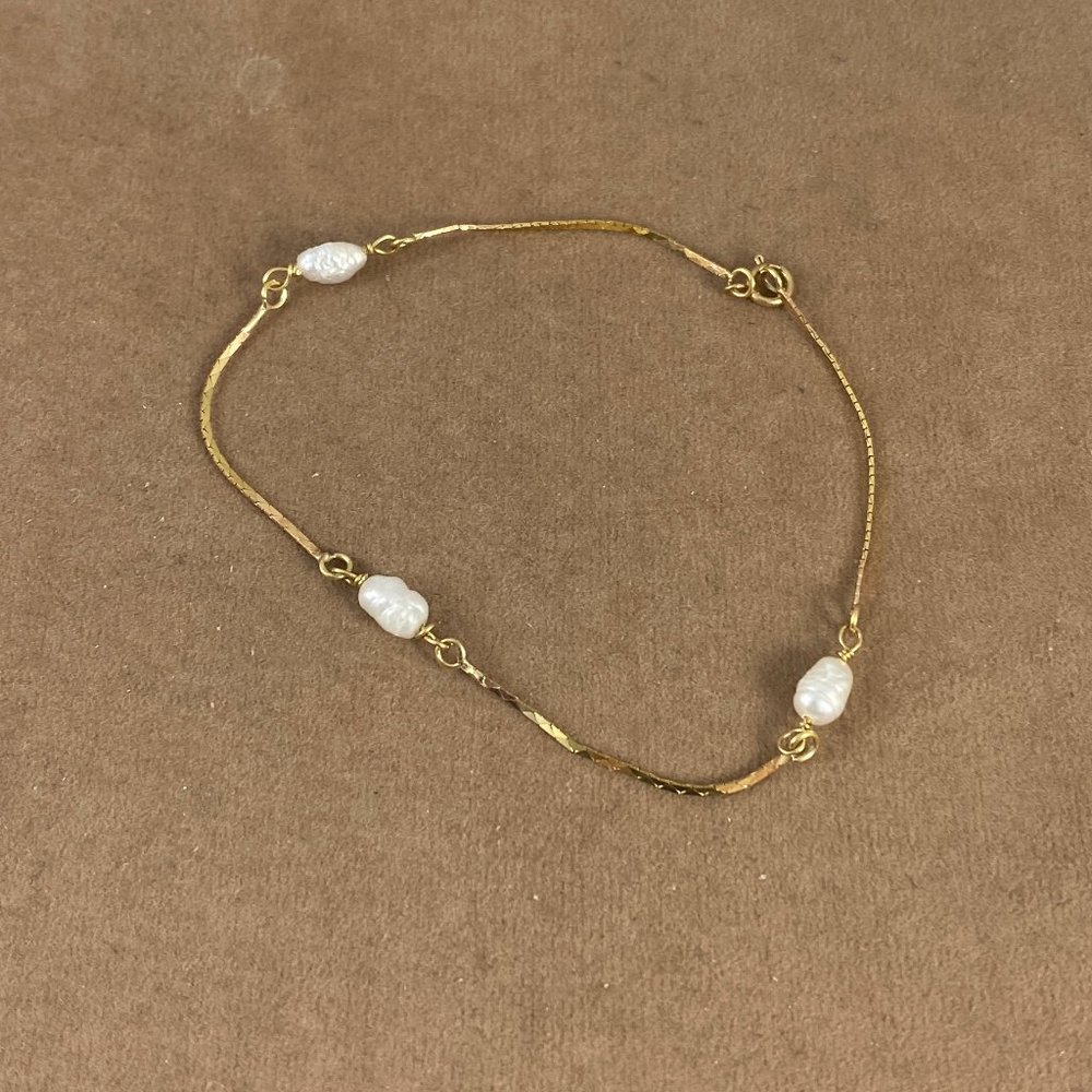 Vintage 14K Gold Cobra Chain & Rice Pearl Bracelet - Picture 3 of 10
